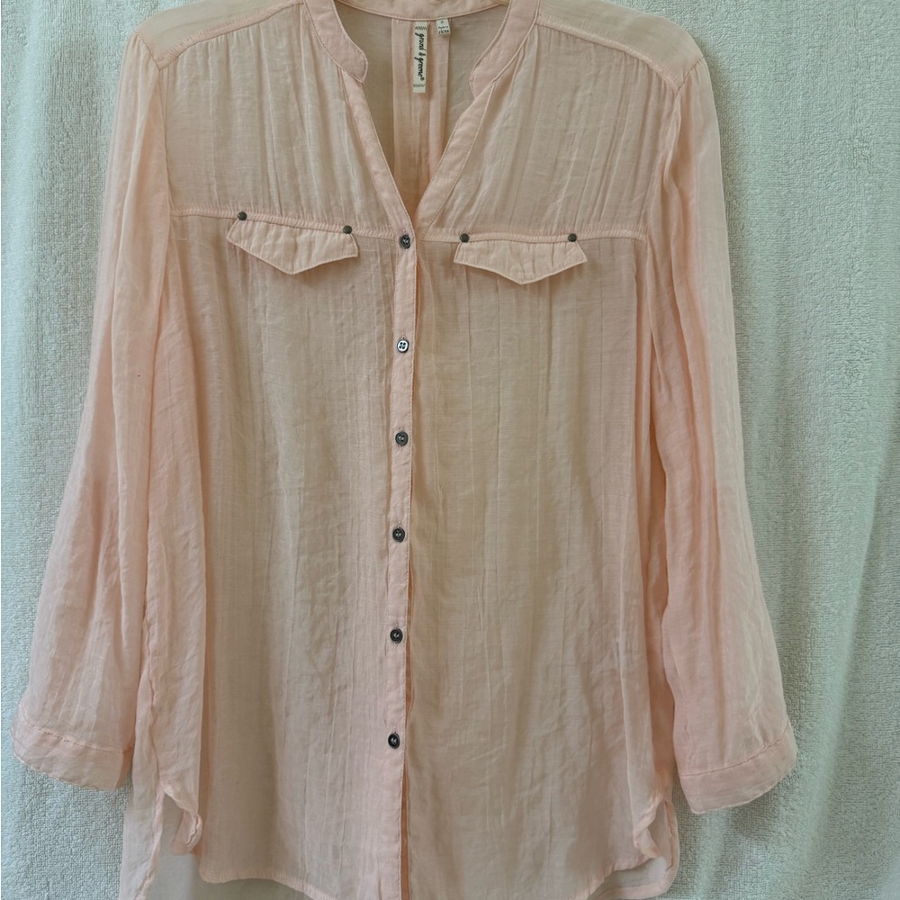 Grand & Greene Pink Mandarin Collar 3/4 Sleeve Blouse